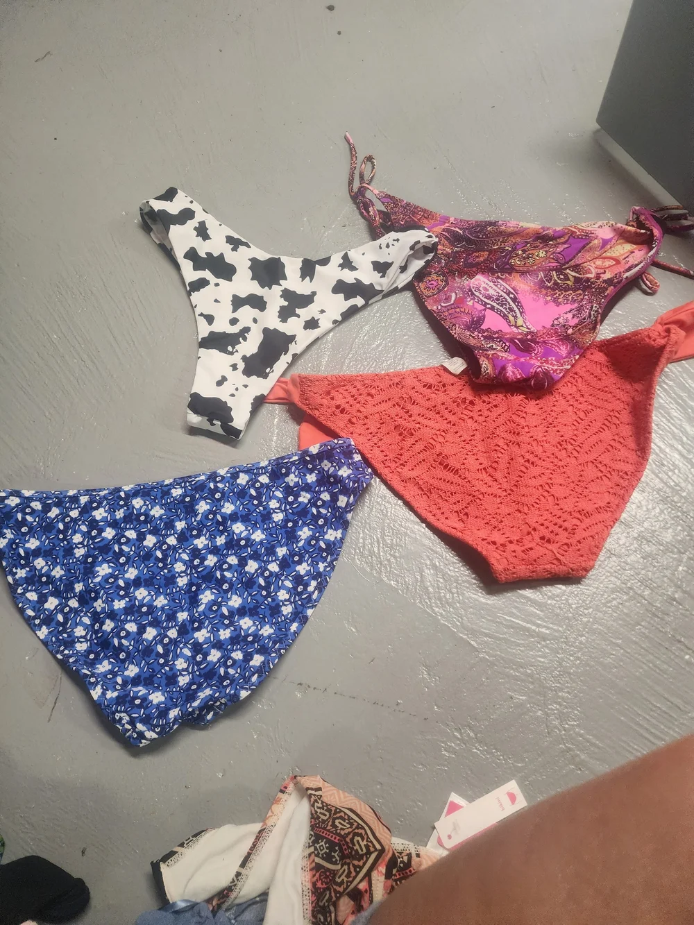 Set of 4 Bikini Bottoms - Coral, Blue Floral, Black & White, Pink Paisley Size M